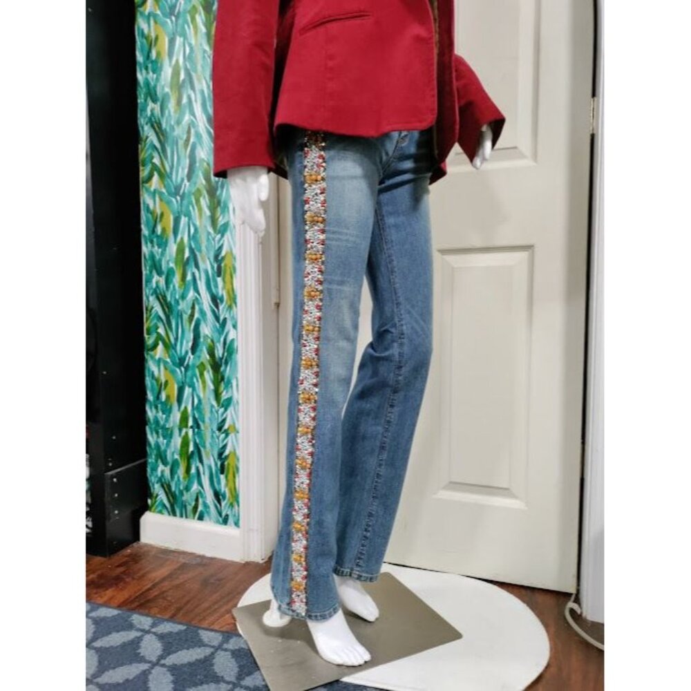 NWT Issue Pants Blue Denim Embroidered Beads Leg Straight Zip Fly Jeans Size 28 - Picture 8 of 16